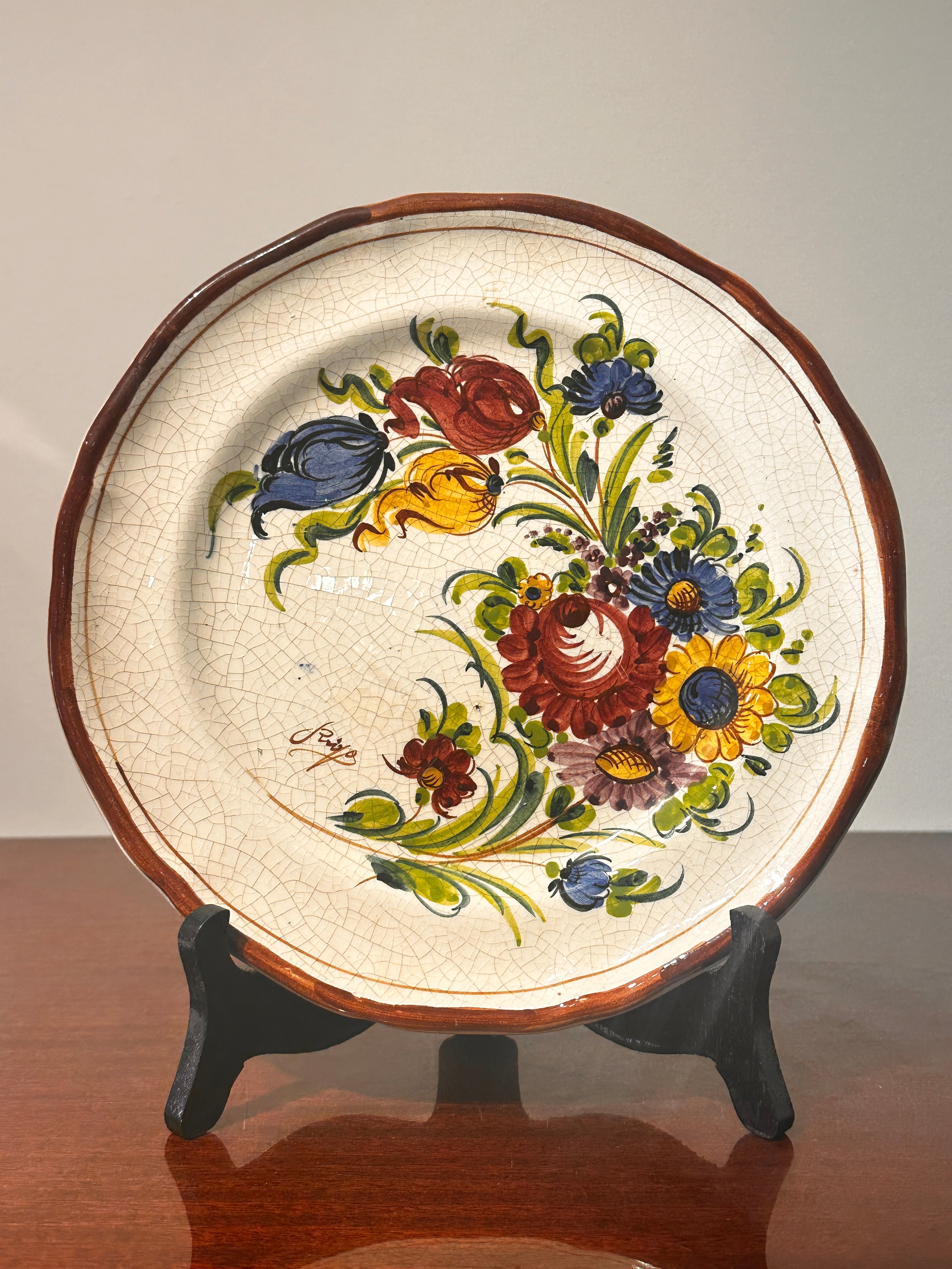 Hand-Painted Dutch Floral Craquele Plate